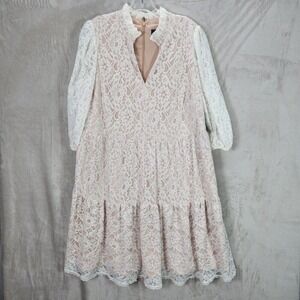 Jessica Howard Dress Plus Size 16W Beige Lace Tiered Balloon-Sleeve A-Line Party
